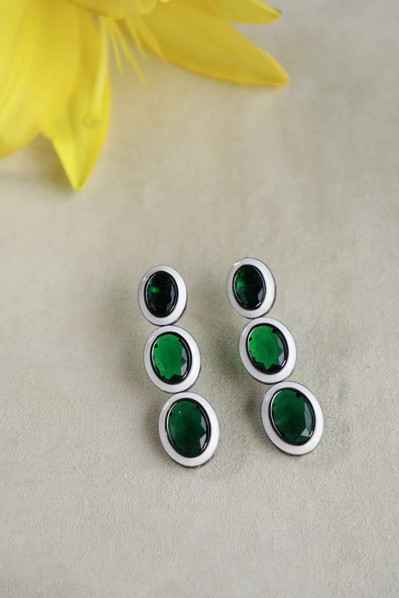 White & Green 3 Layered Crystal Earrings