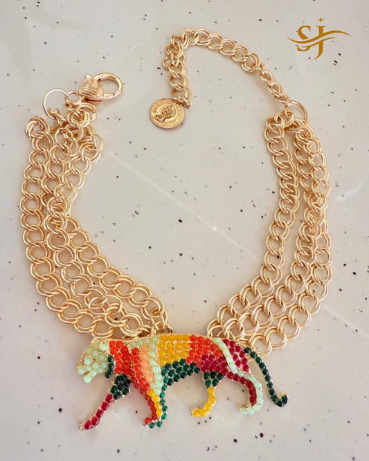 Crystal Panther Layered Chain Statement Necklace | Golden & Multicolor