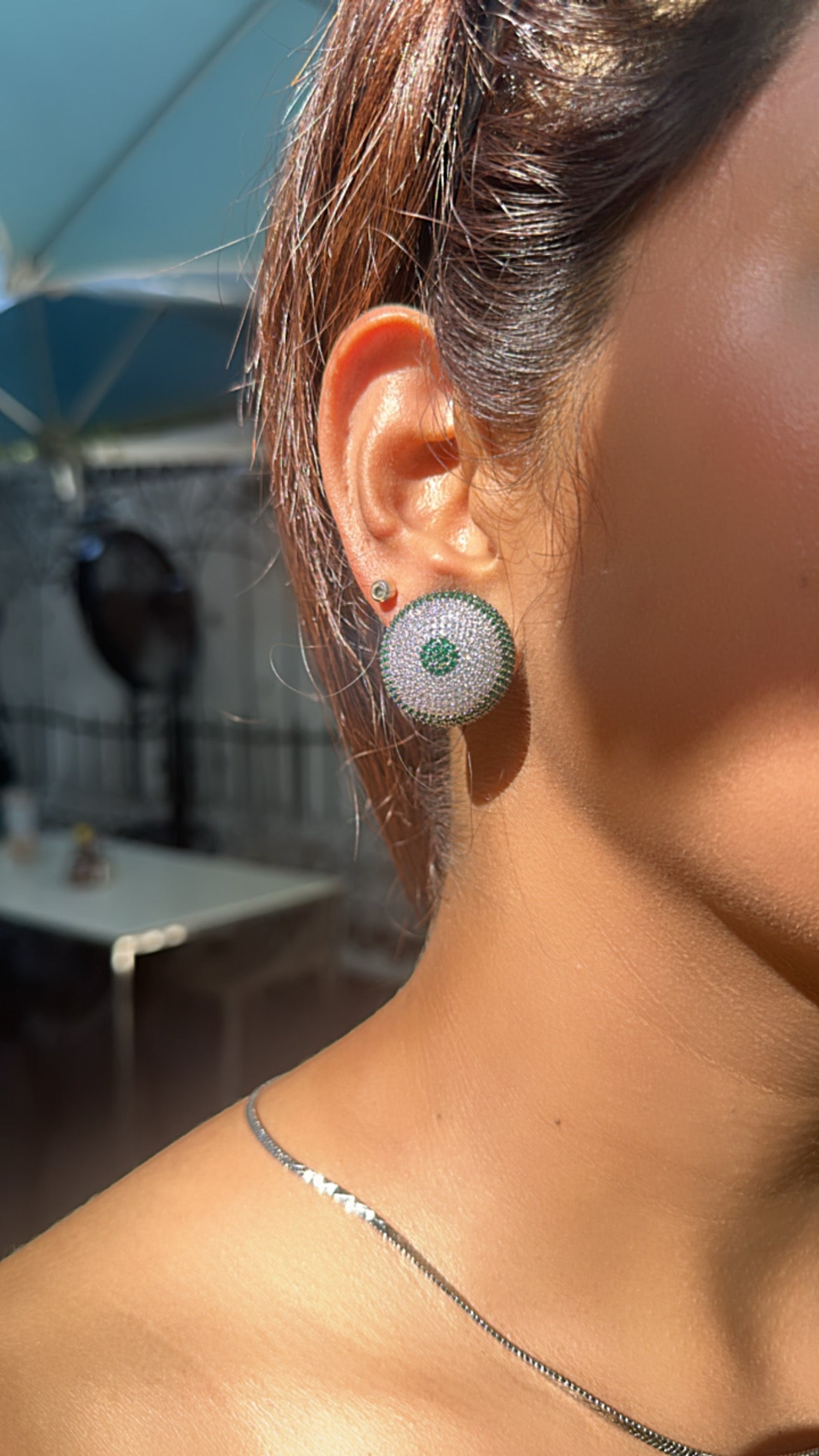 Green & White Diamond Round Button Earrings
