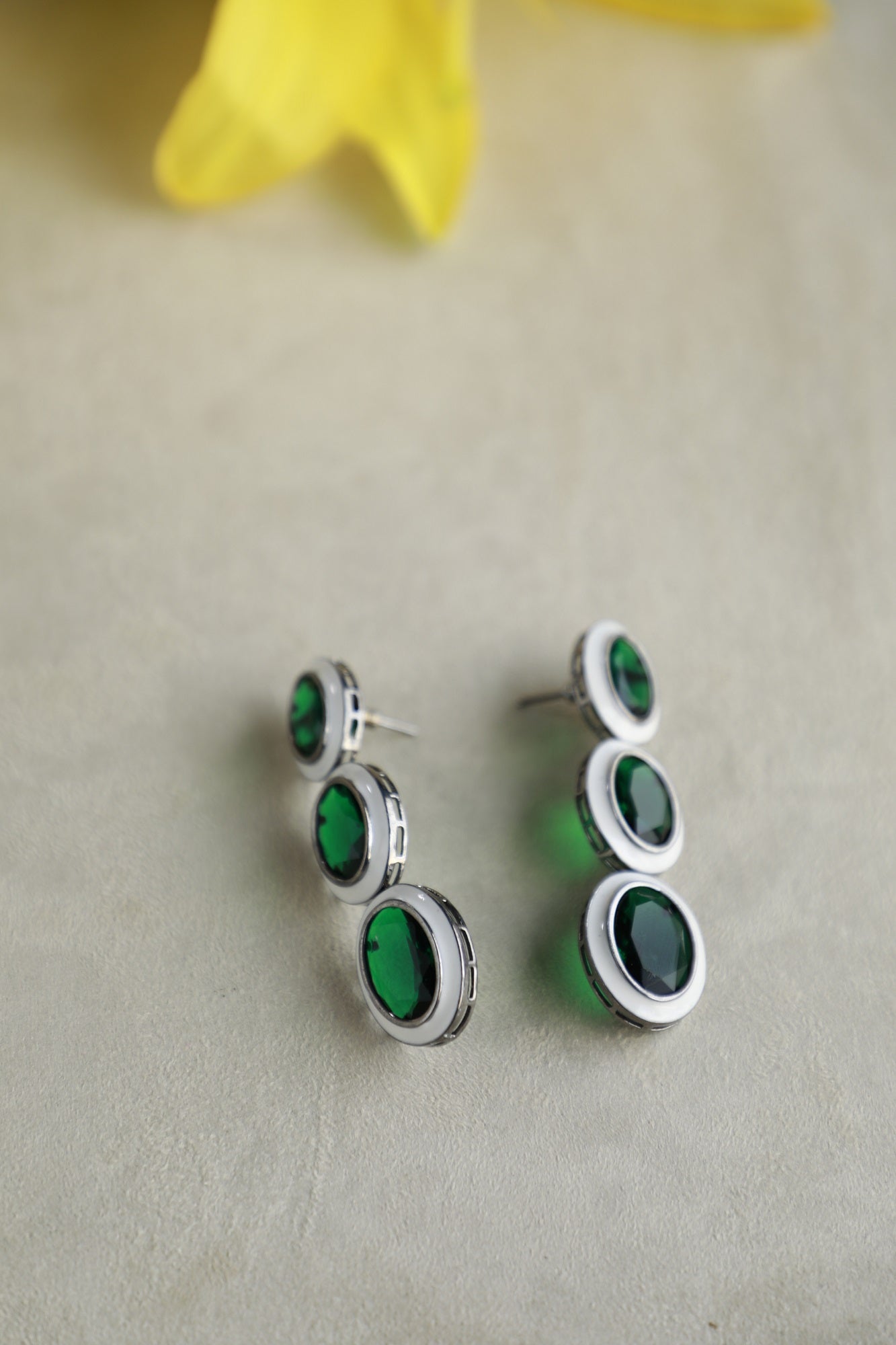 White & Green 3 Layered Crystal Earrings