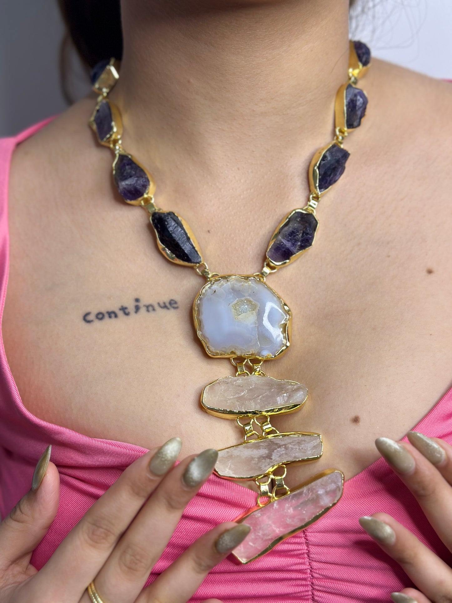 Natural Marble Neckpiece with Purple Stones