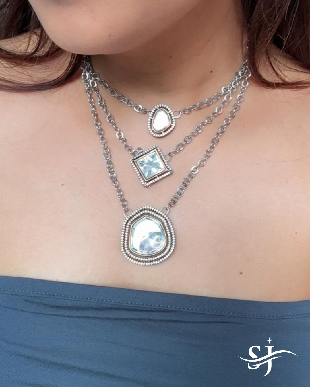 Luxury Layered Polki Silver Necklace for Women
