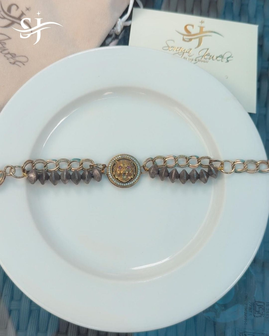 Lion Motif Beaded Statement Bracelet