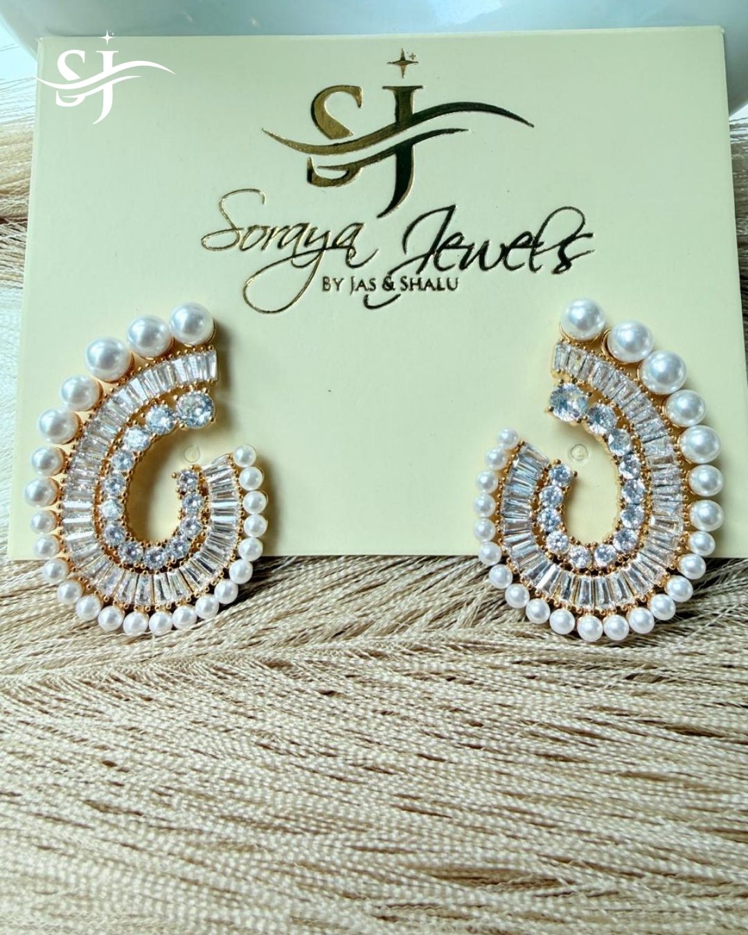 Gold Plated Pearl & CZ Spiral Statement Earrings