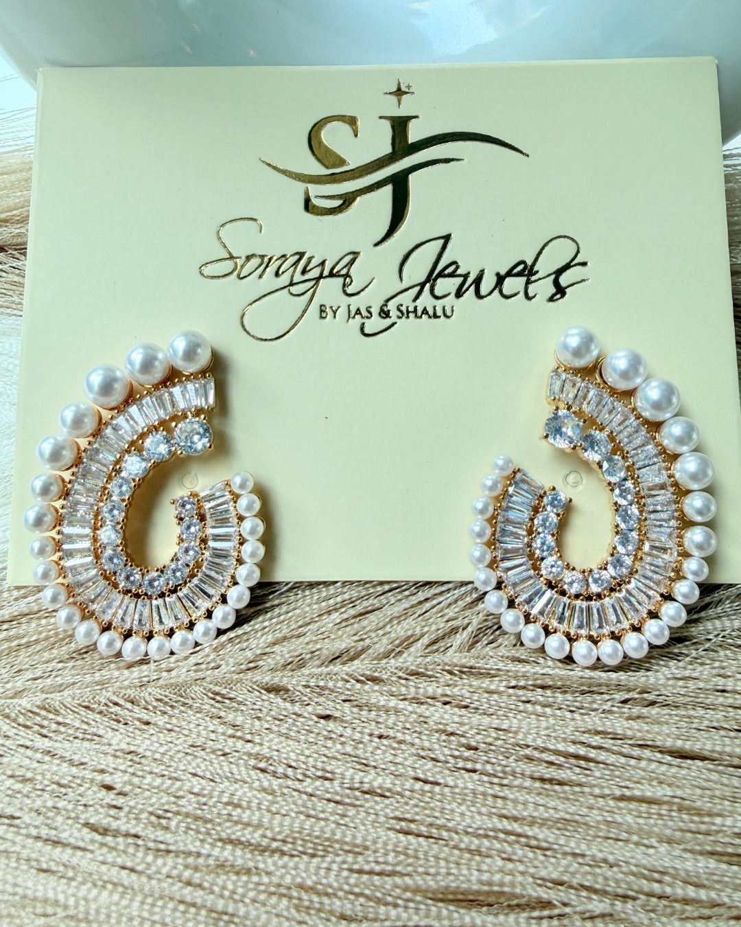 Luxury Pearl & Zircon Spiral Statement Earrings – Gold Plated