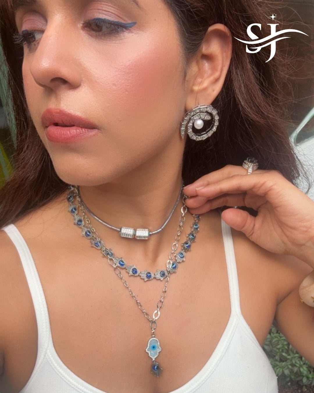 Humza Evil Eye Silver Layered Necklace
