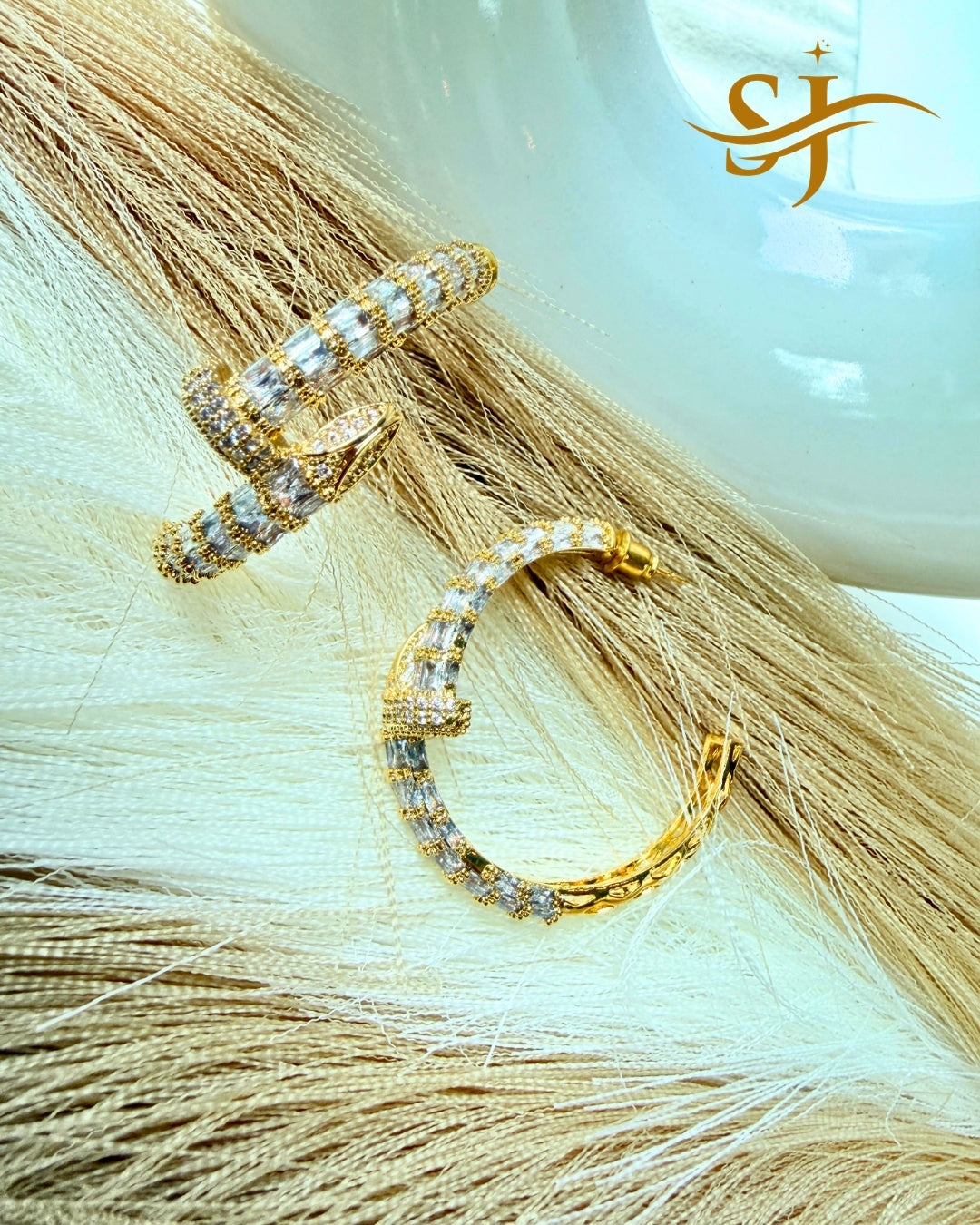 Luxury Crystal Nail Hoop Earrings – Gold Plated