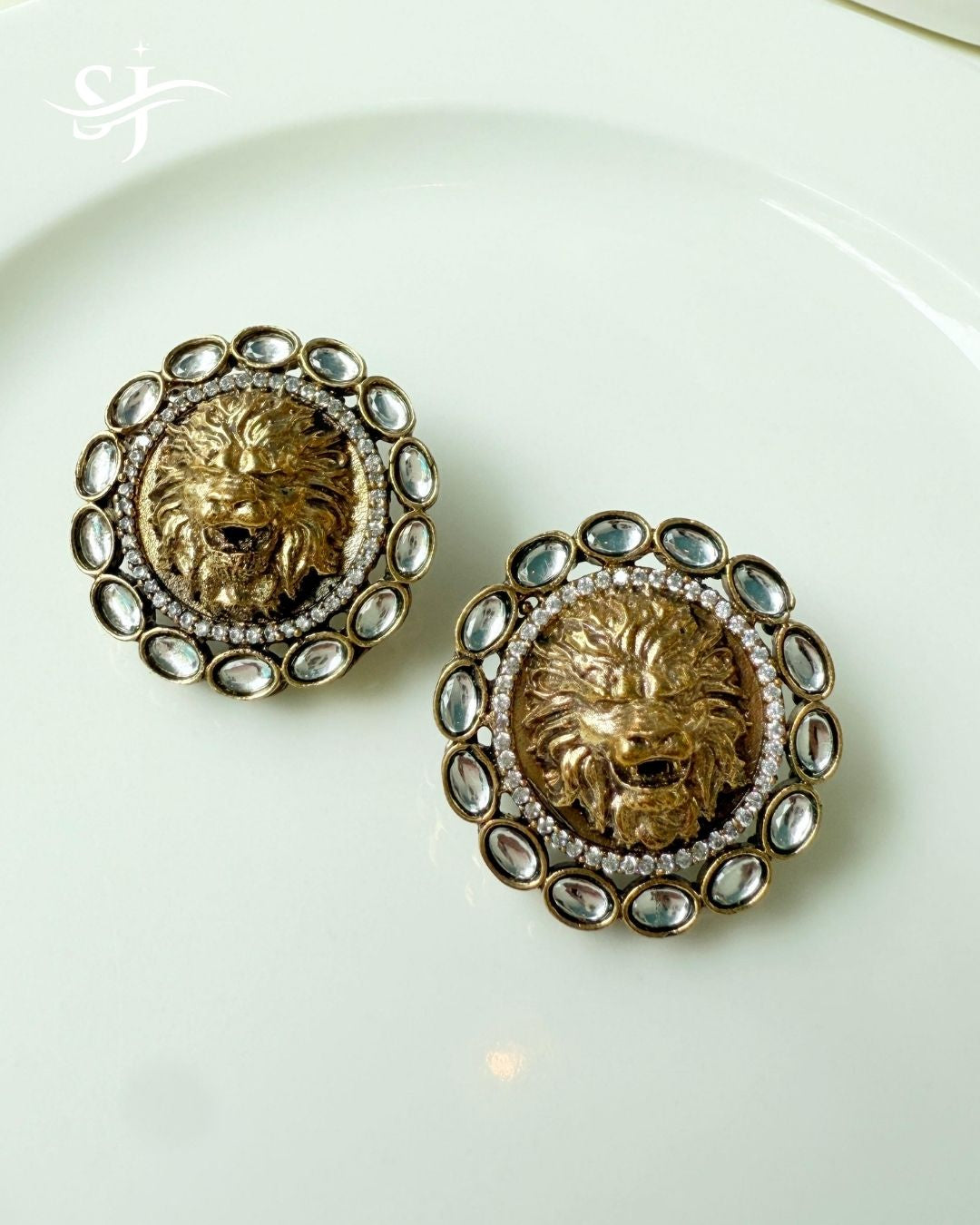 Antique Gold Lion Head Statement Stud Earrings