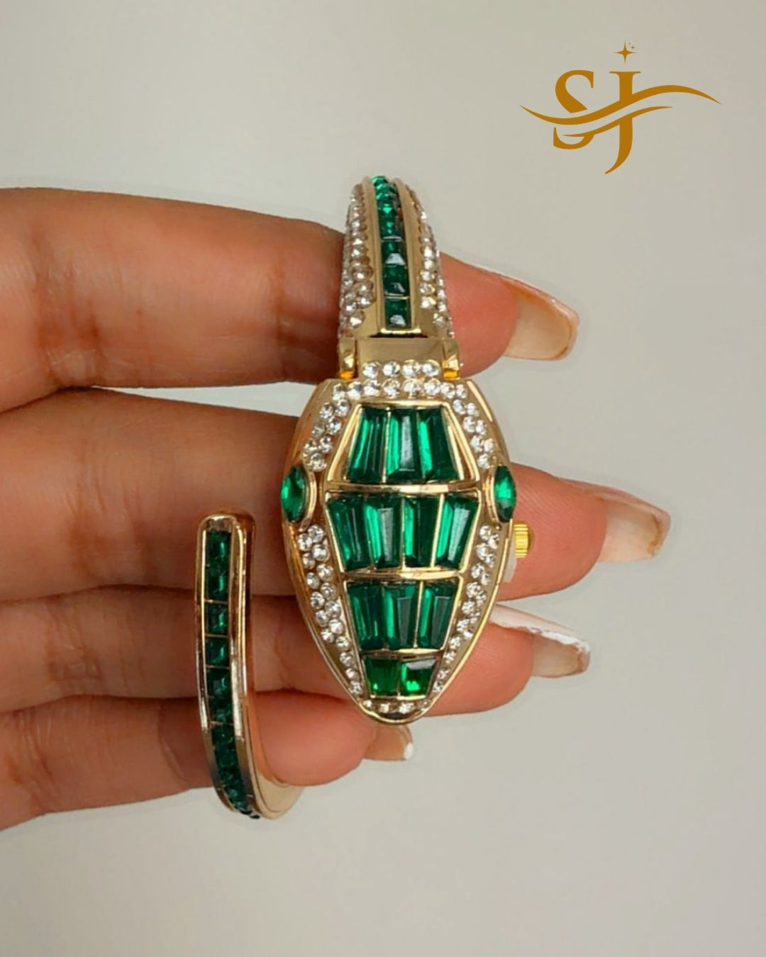 Luxury Serpenti Snake Watch Kada Bracelet – Gold Plated Emerald Crystal
