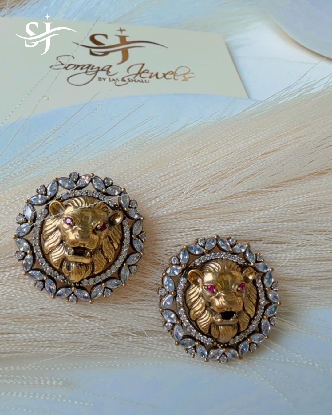Antique Gold Lion Motif Statement Stud Earrings