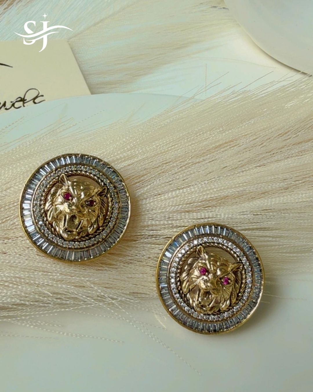 Antique Gold Tiger Motif Statement Stud Earrings