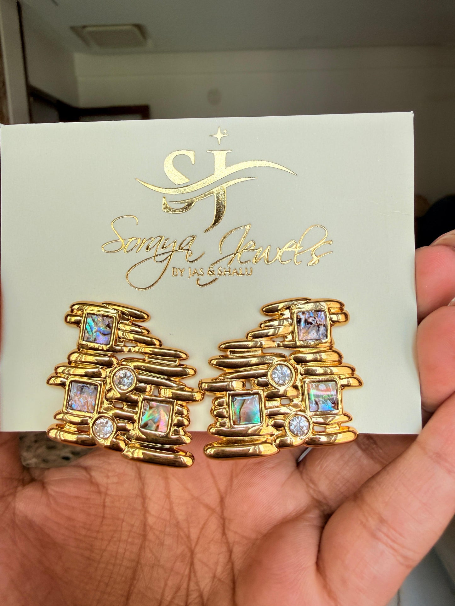 Aurora Mosaic Gold-Plated Statement Stud Earrings for Women | Soraya Jewels by Jas & Shalu