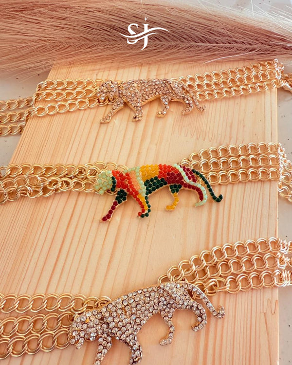 Crystal Panther Layered Chain Statement Necklace  | Golden & Multicolor