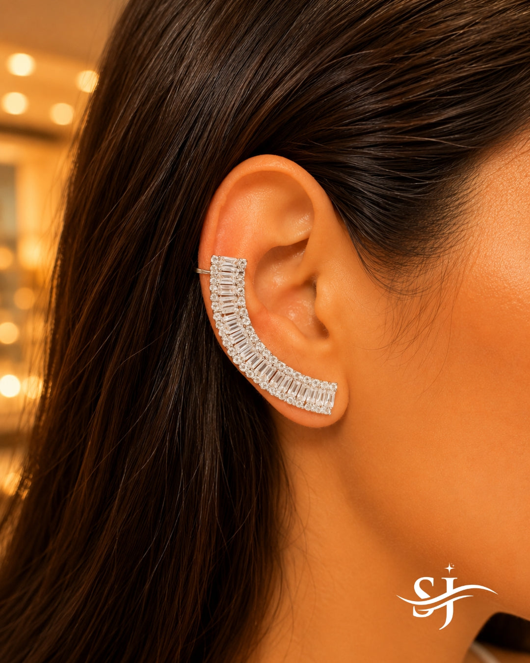 Celeste Crystal Ear Cuff – Gold Baguette & CZ Statement Ear Climber (No Piercing Required)