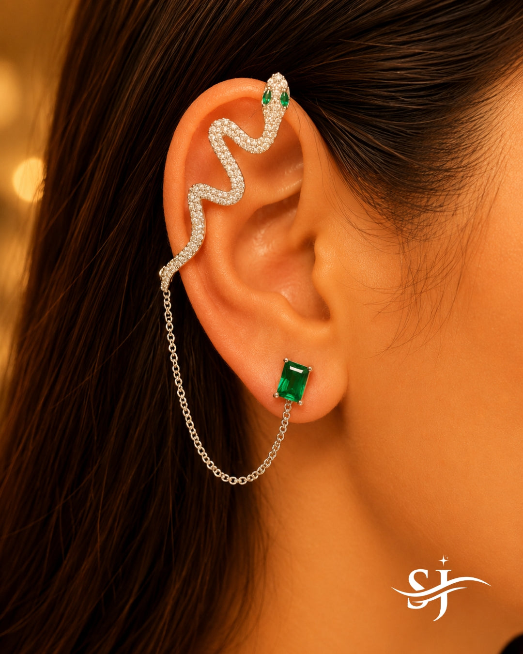 Emerald Serpent Crystal Ear Cuff with Chain Stud