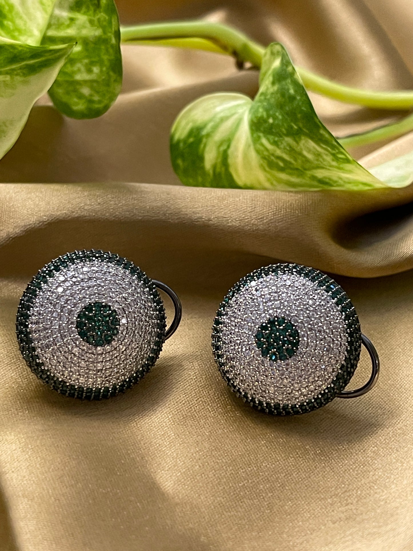 Green & White Diamond Round Button Earrings