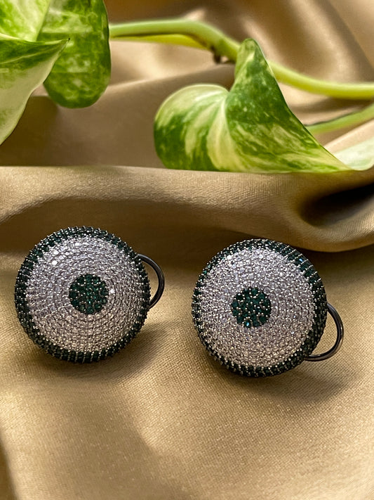 Green & White Diamond Round Button Earrings