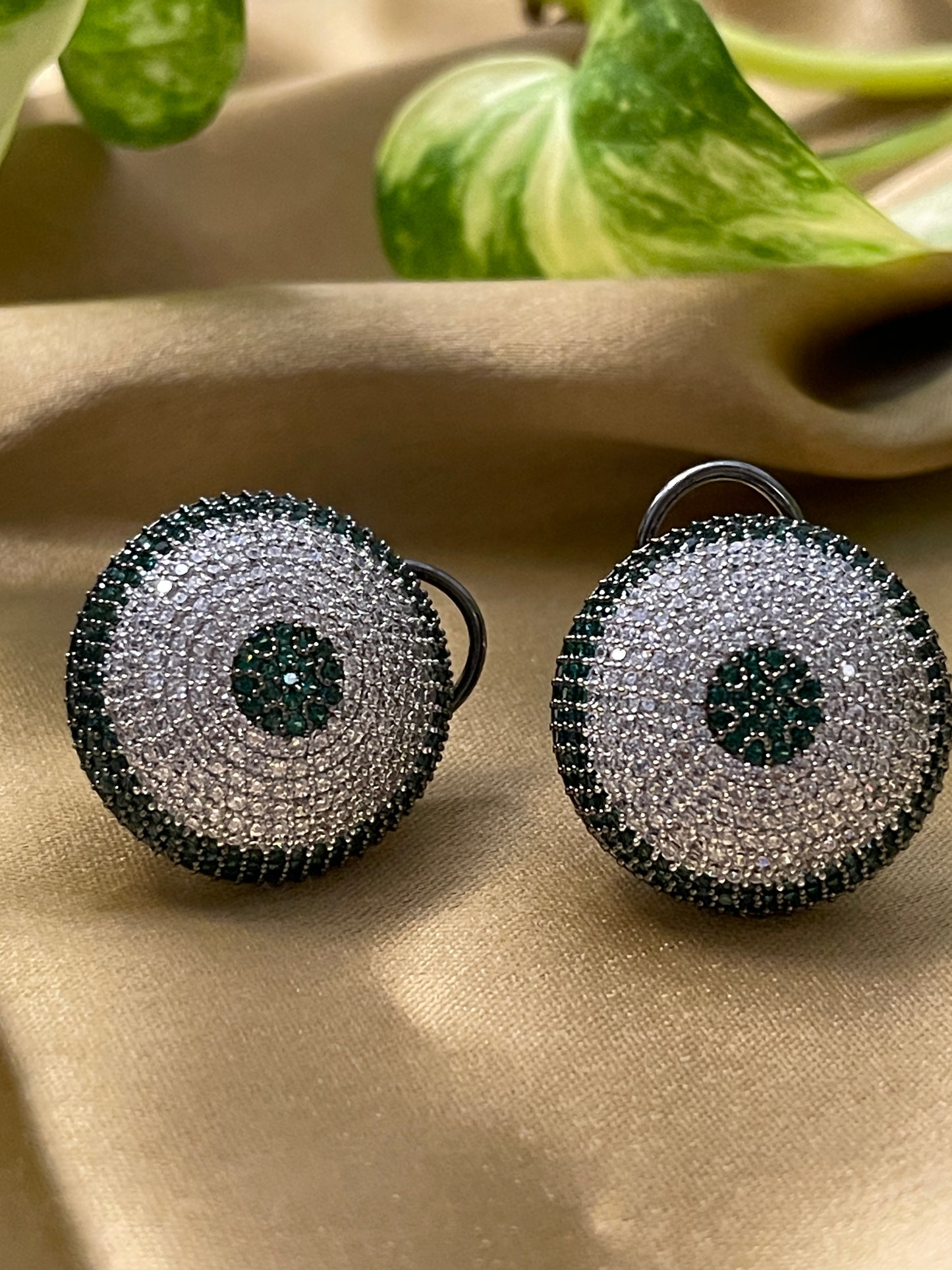 Green & White Diamond Round Button Earrings