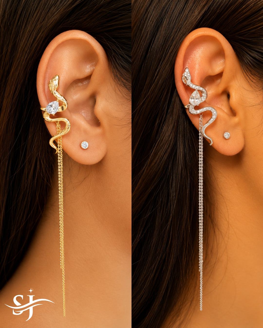 Serpentina Chain Drop Ear Cuff – Crystal Snake Statement Ear Wrap (Gold & Silver)