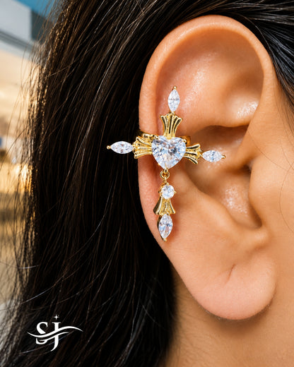 Sacred Heart Cross Ear Cuff – Crystal Statement Ear Wrap (Single Piece)