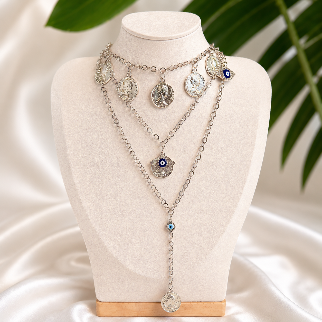 Luxury Silver Evil Eye Layered Coin Charm Necklace for Women