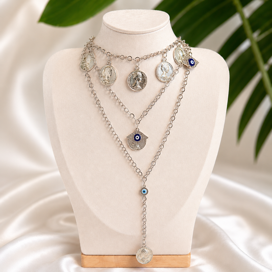 Luxury Silver Evil Eye Layered Coin Charm Necklace for Women