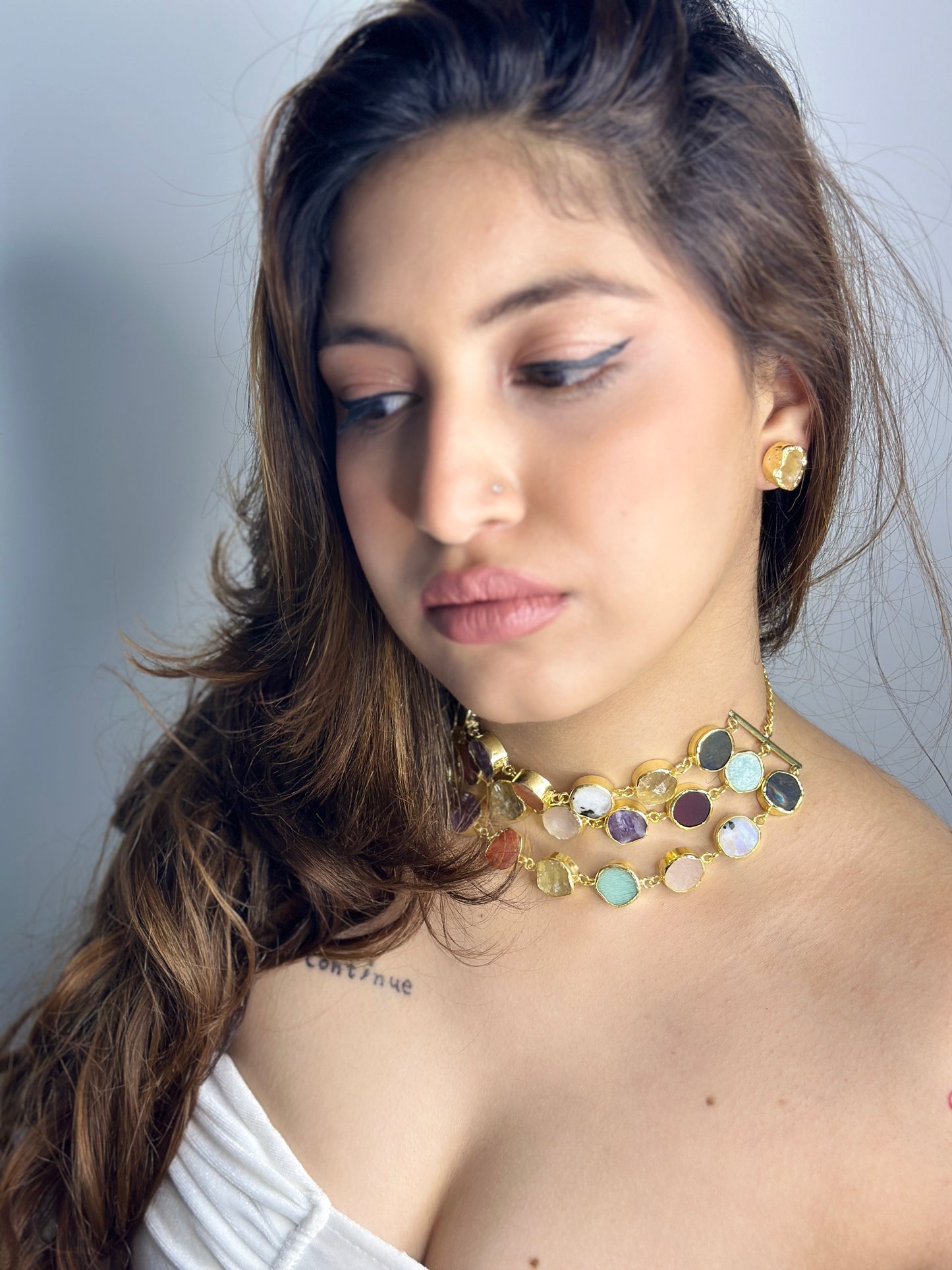 3 Layer Marble Choker With Earrings