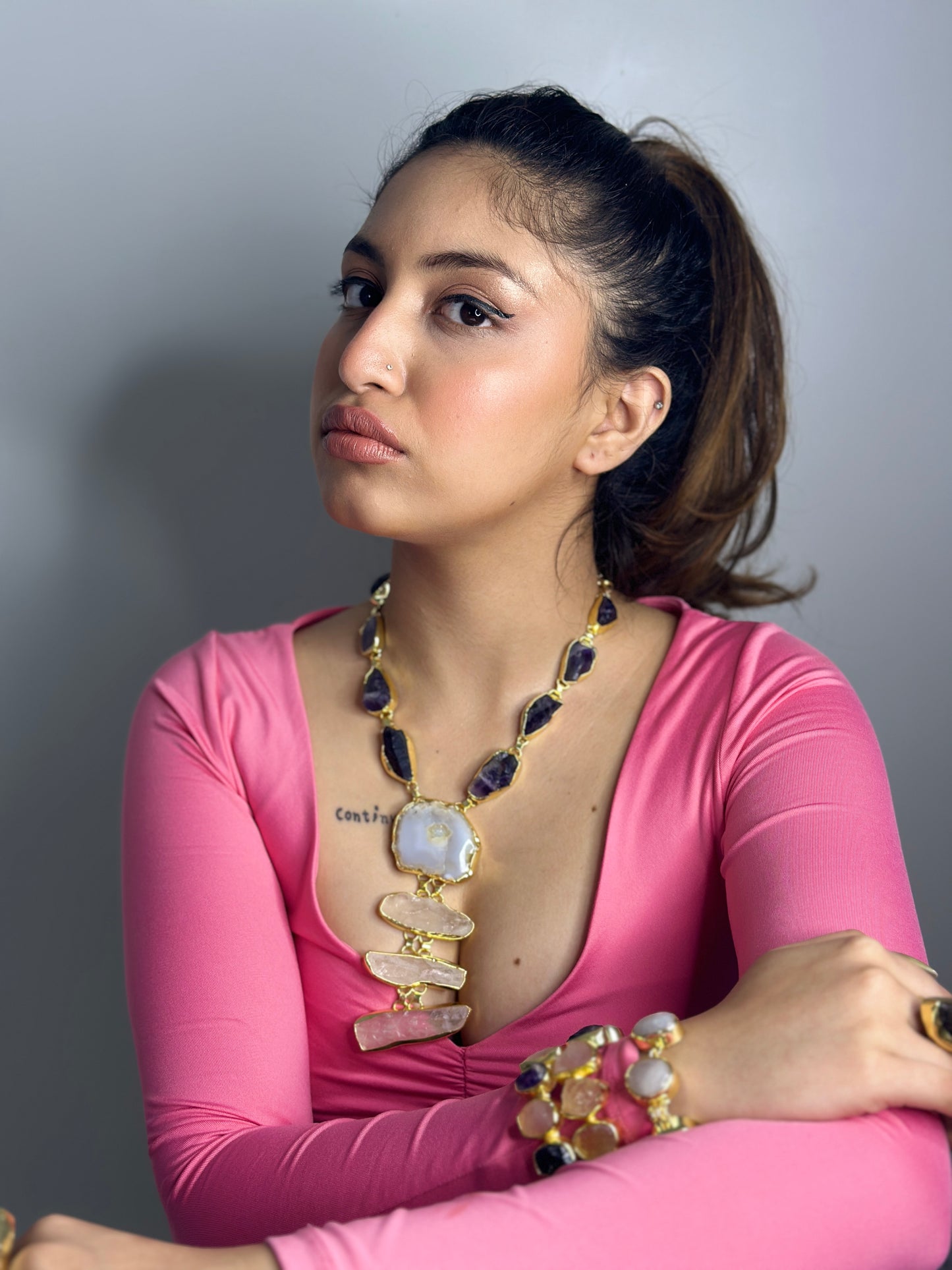 Natural Marble Neckpiece with Purple Stones