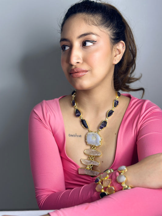 Natural Marble Neckpiece with Purple Stones
