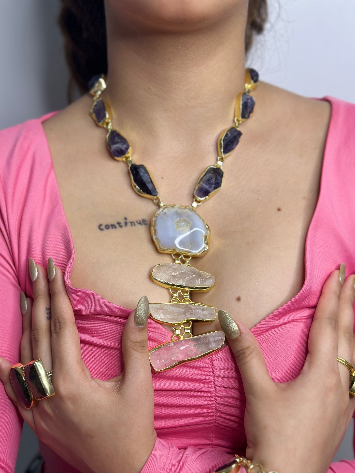 Natural Marble Neckpiece with Purple Stones