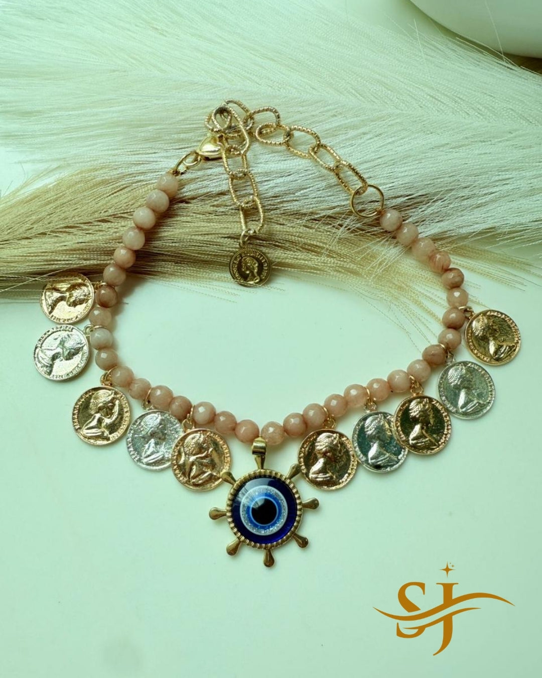 Evil Eye Coin Charm Beaded Necklace for Women