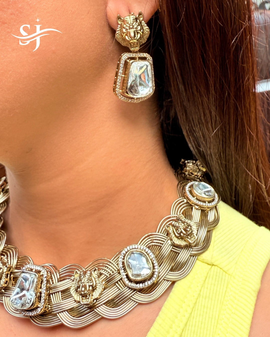 Lion Polki Statement Necklace & Earrings Set for Women