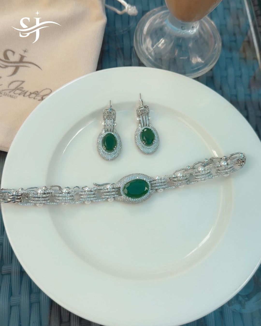 Green Stone Bracelet Set with Earrings