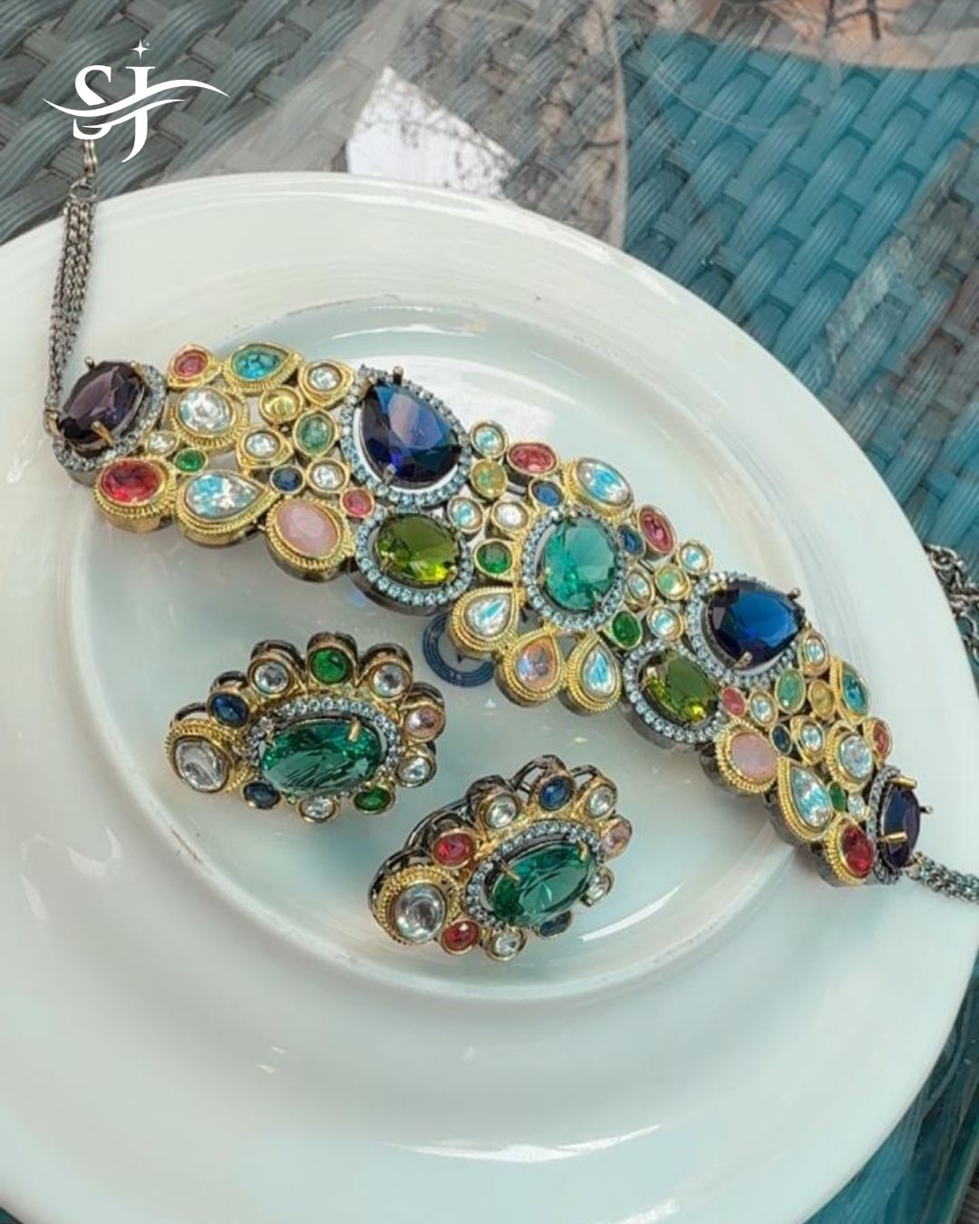 Multicolor Stone Statement Necklace Set with Earrings