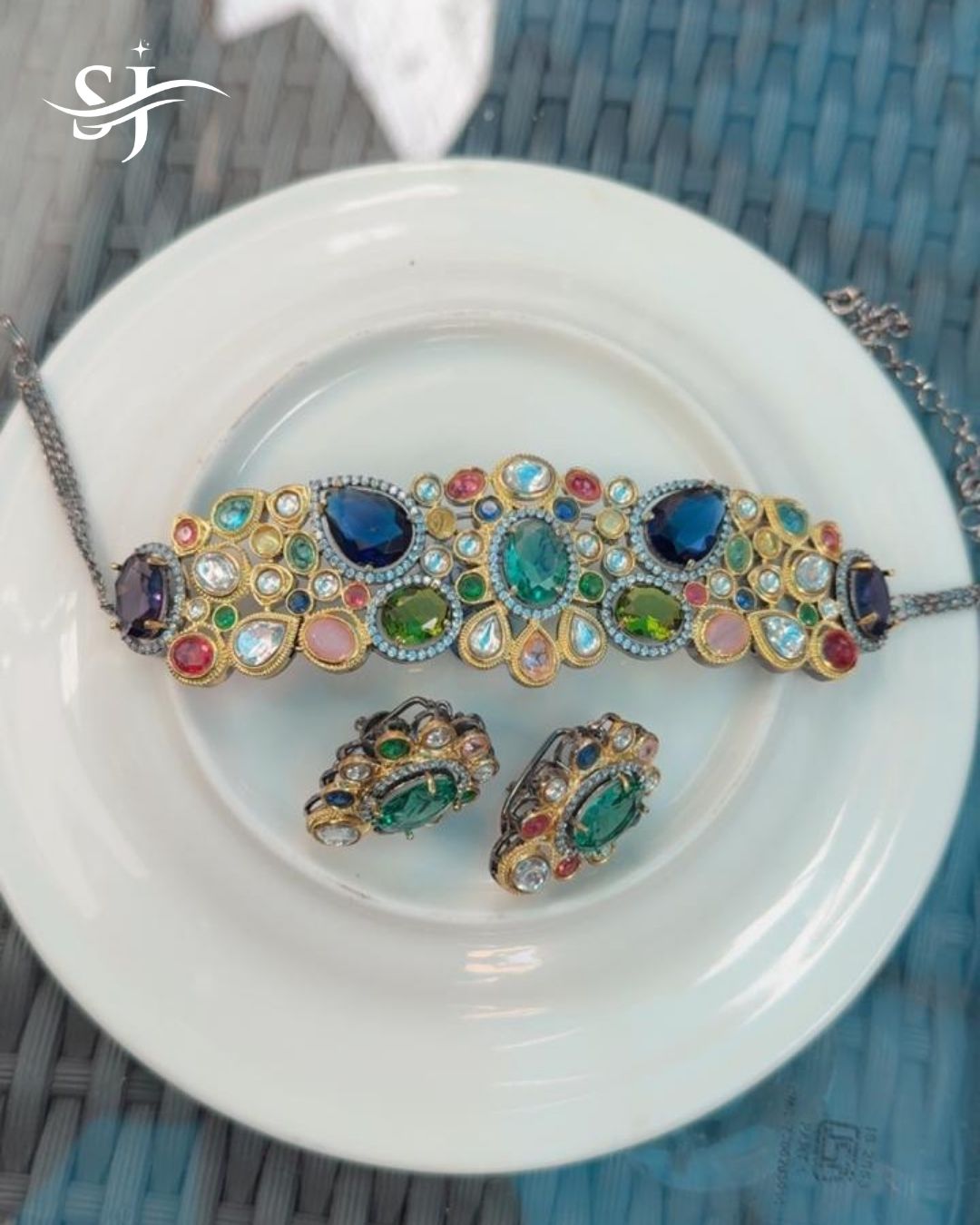 Multicolor Stone Statement Necklace Set with Earrings