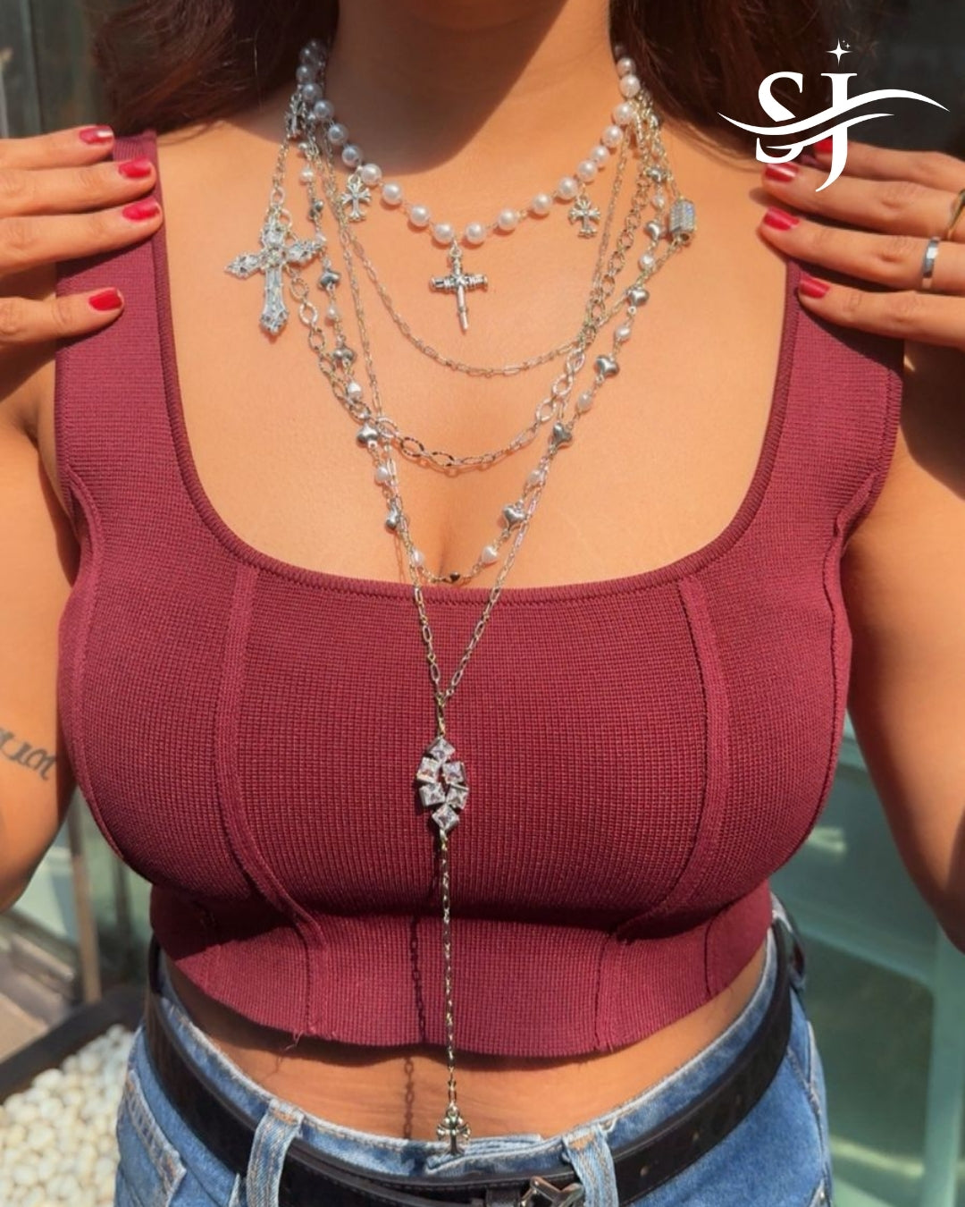 Multi-Layered Cross Pearl Statement Necklace