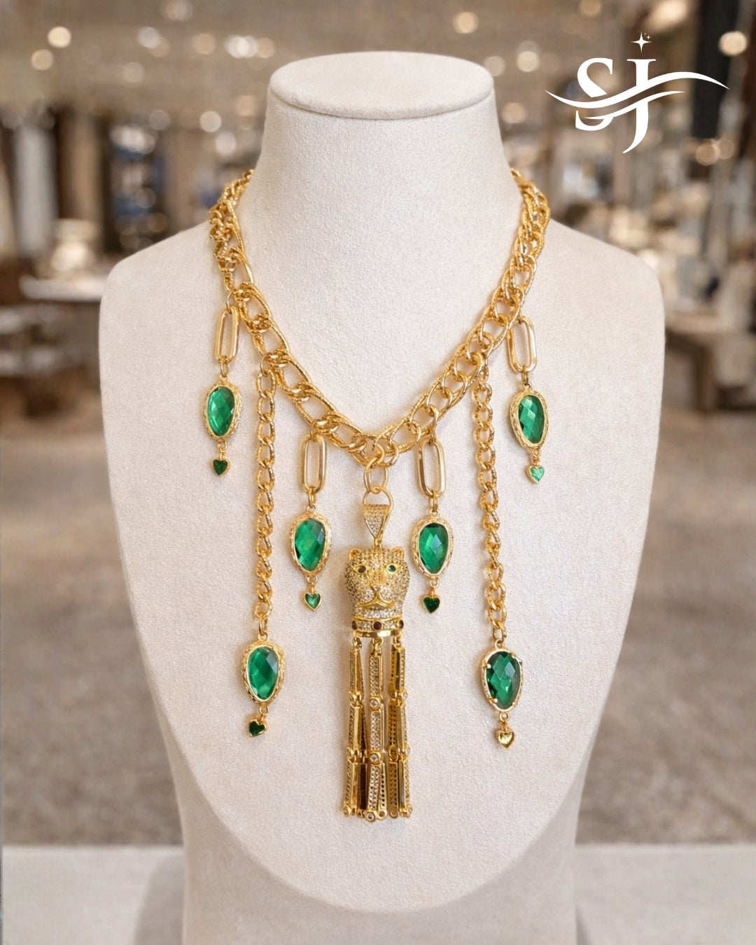 Emerald Panther Charm Necklace