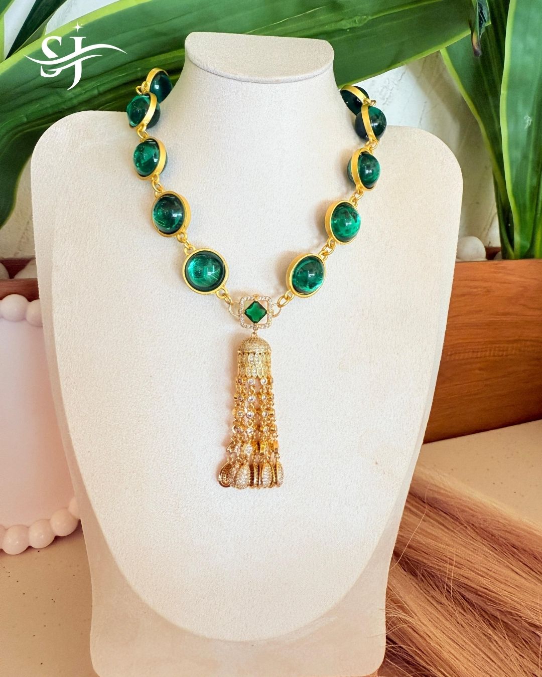 Green Stone Tassel Statement Necklace