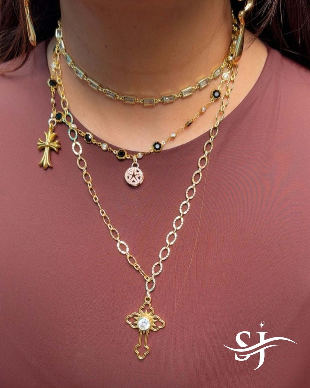 Layered Cross Charm Gold Necklace