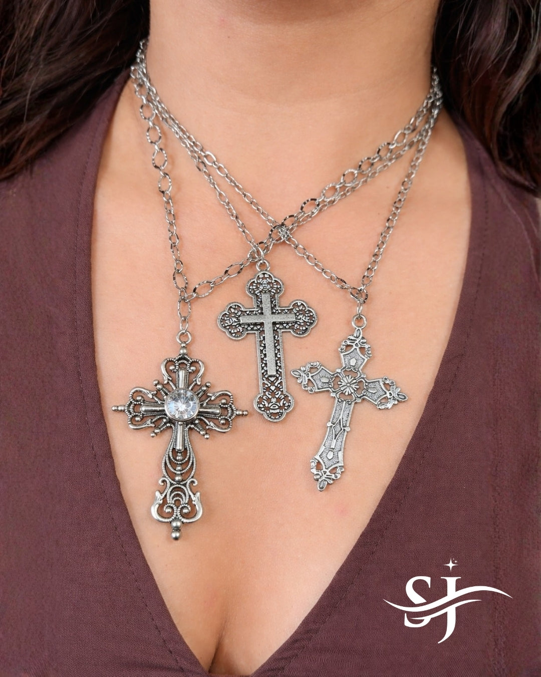 Triple Cross Layered Necklace (Silver)