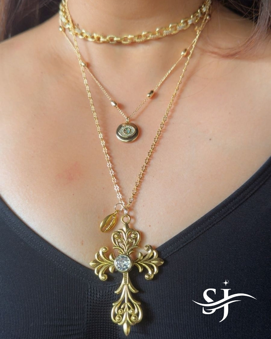 Baroque Cross Layered Necklace (Gold)