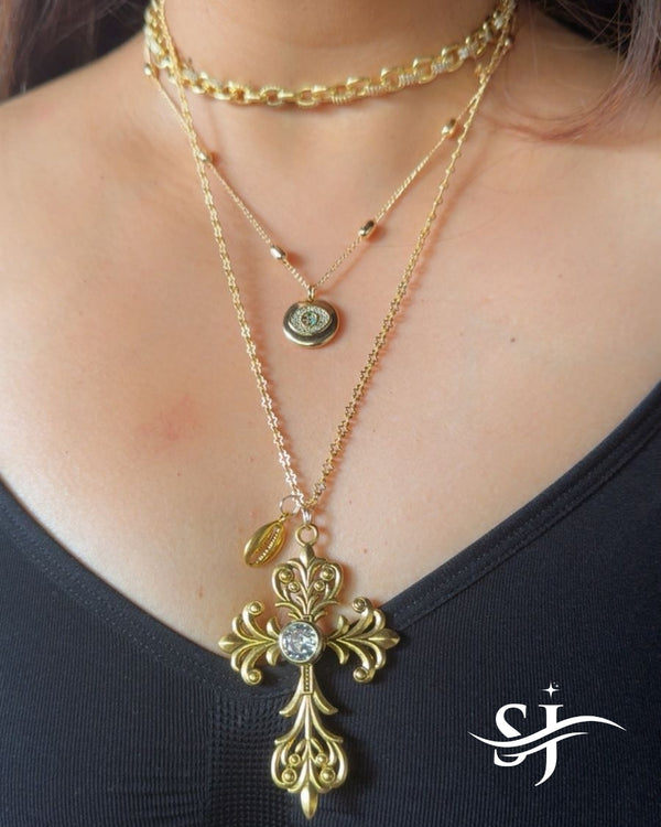 Baroque Cross Layered Necklace (Gold)