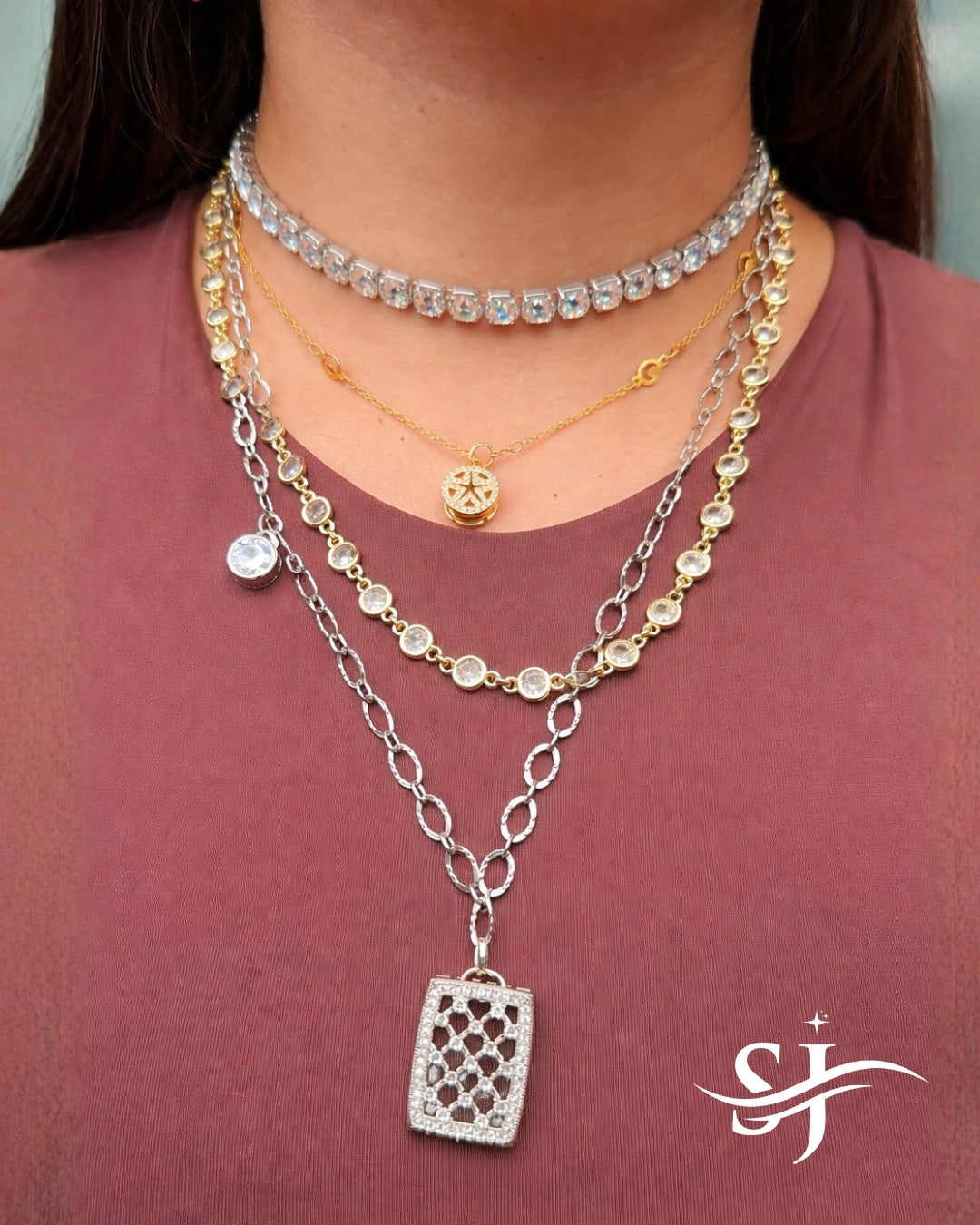Mixed Metal Layered Charm Necklace