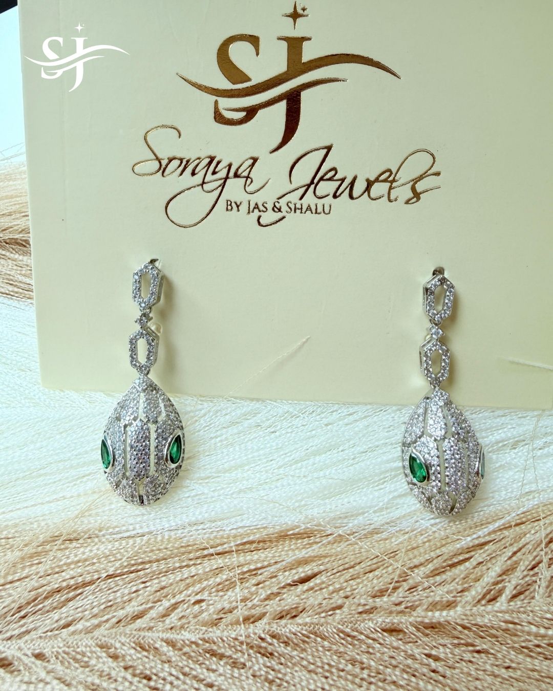 Silver Tone CZ Drop Earrings with Green Stone Accents