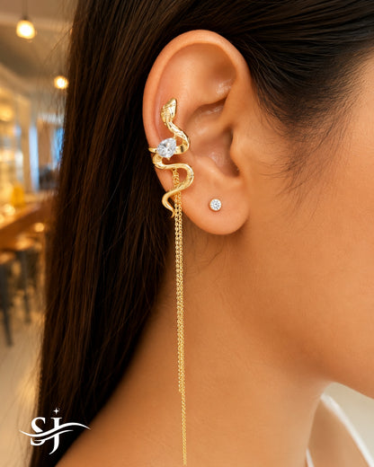 Serpentina Chain Drop Ear Cuff – Crystal Snake Statement Ear Wrap (Gold & Silver)