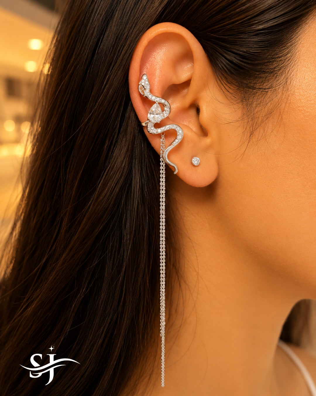 Serpentina Chain Drop Ear Cuff – Crystal Snake Statement Ear Wrap (Gold & Silver)