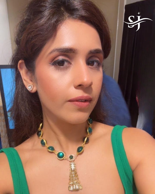 Green Stone Tassel Statement Necklace