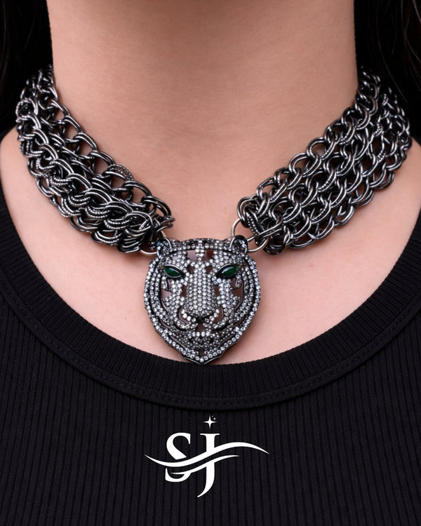 Black Tiger American Diamond Chain Neckpiece – Sabyasachi-Inspired Premium Jewellery
