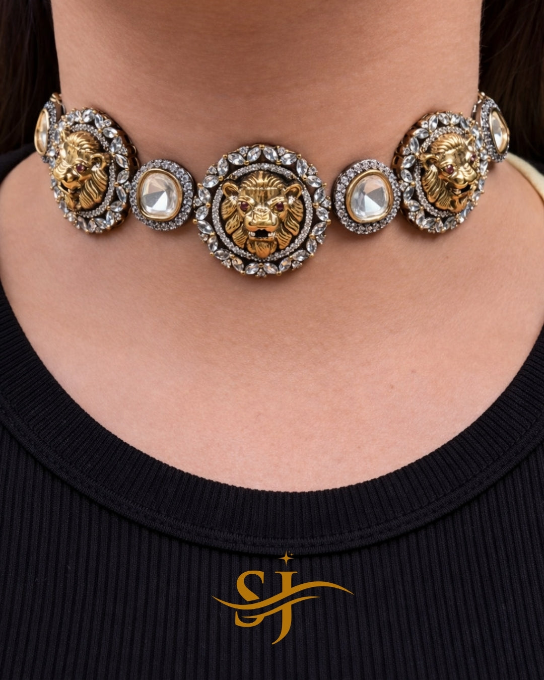 Triple Lion Choker Set with Earrings – Sabyasachi-Inspired Premium Jewellery