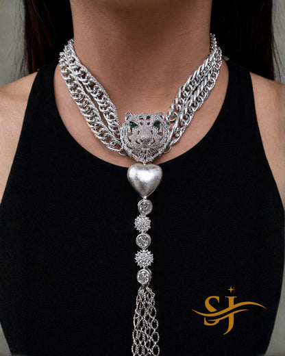 Royal Silver Tiger Heart Drop Choker – Sabyasachi-Inspired Premium Jewellery